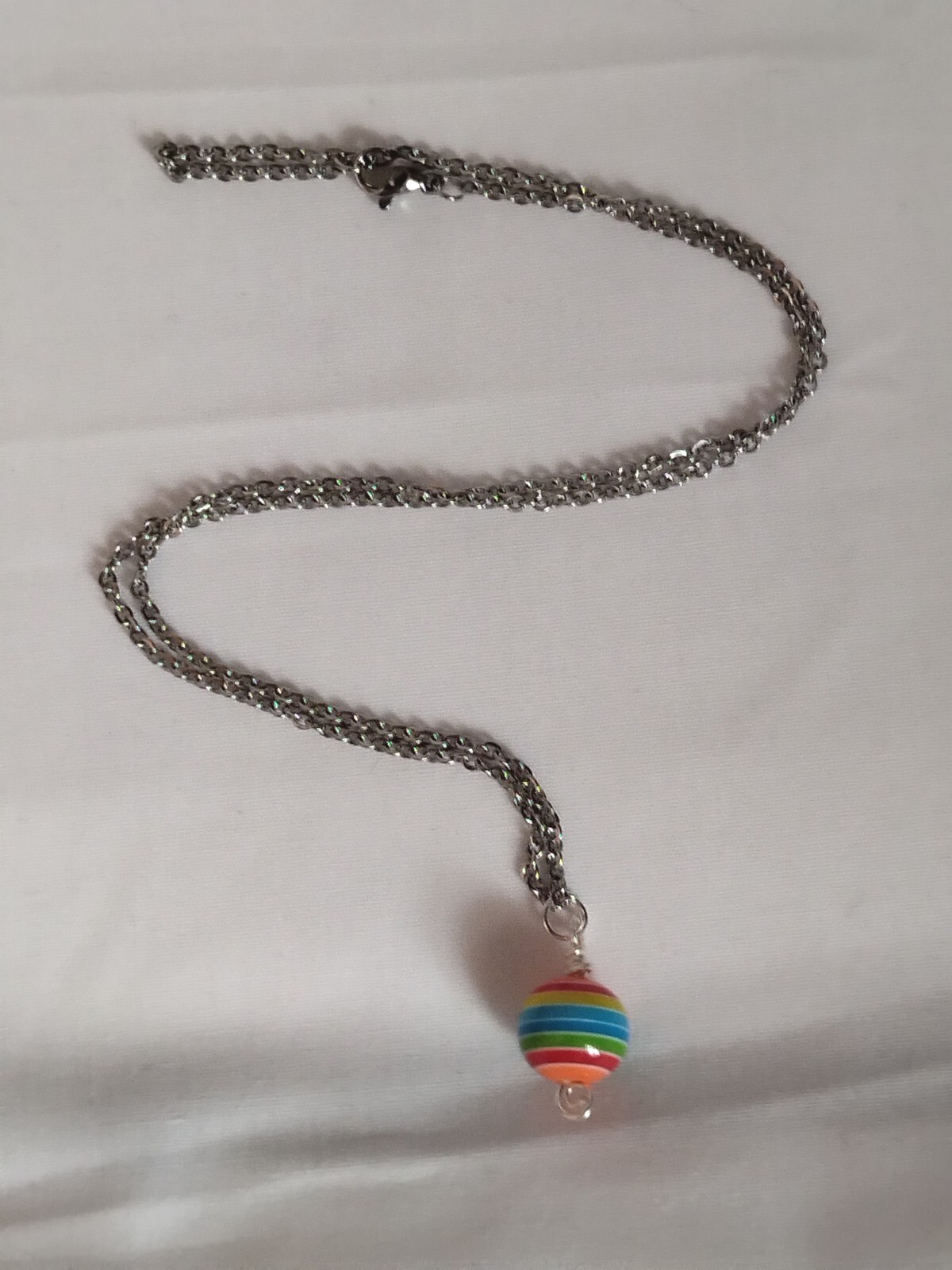 Rainbow Stripe Resin Bead Pendant Necklace Handmade Stainless Steel Chain