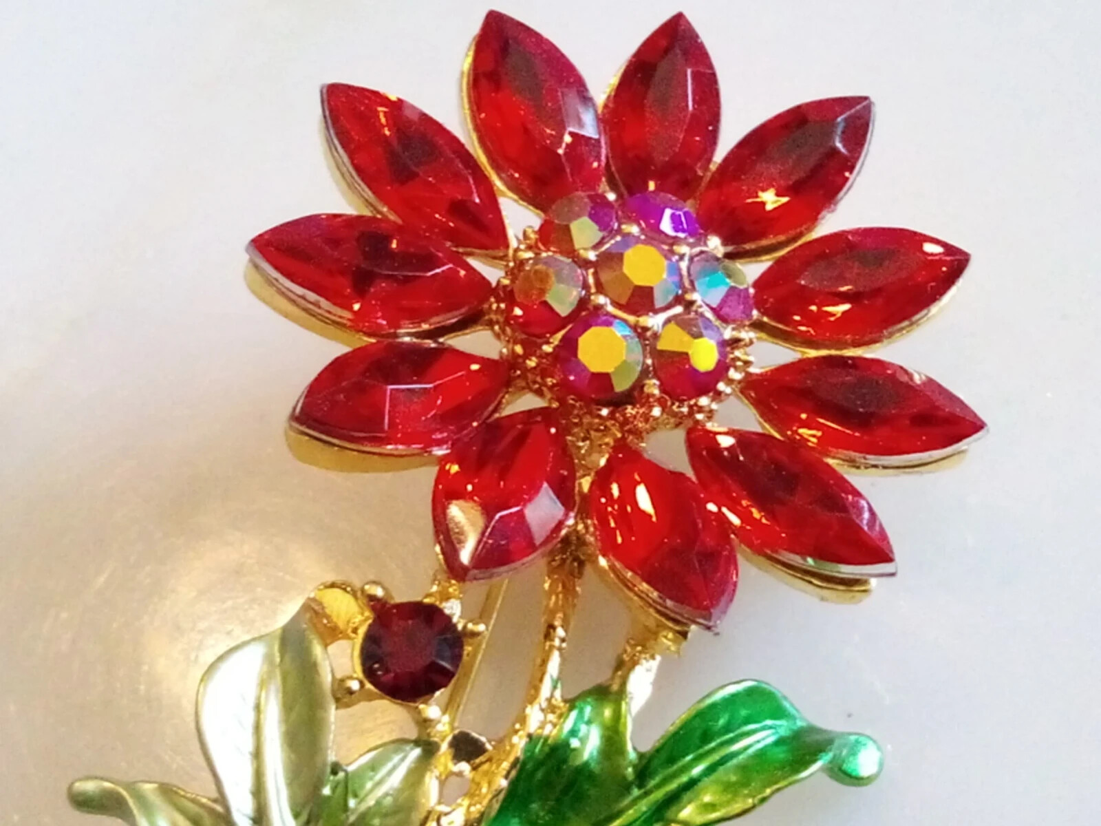 1950’S CHRISTMAS POINSETTIA BROOCH! Beautiful Enameled Floral Motif Pin.