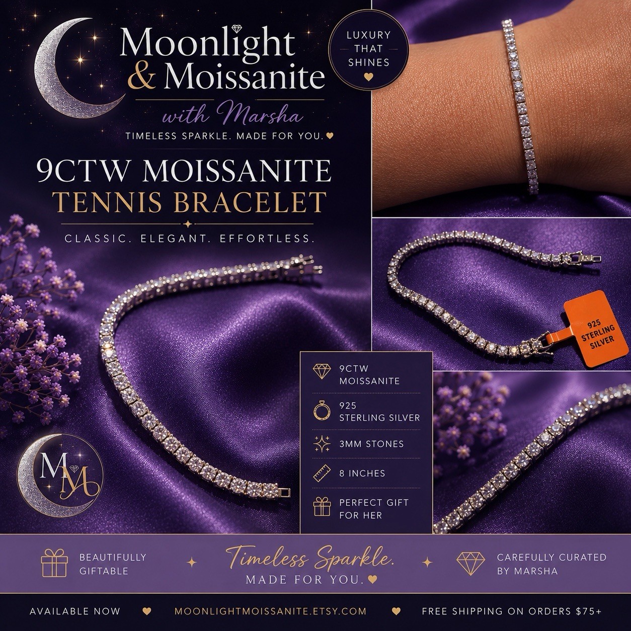 9.0 CTW Moissanite Tennis Bracelet 925 Silver 8in 3mm | Moonlight & Moissanite