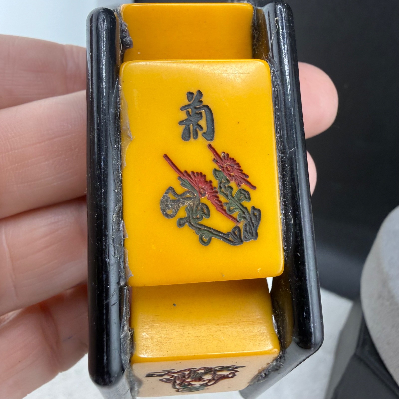 Vintage Mahjong Tile Bracelet Butterscotch Black Chinese Character Bangle