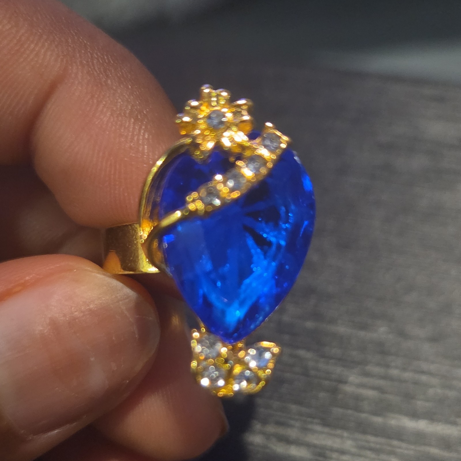 Gold Tone Cocktail Ring Size 8 Adjustable Heart Blue Crystal w/ Clear Accents