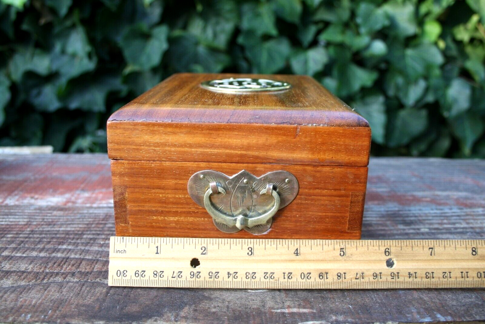 Vintage Chinese Wood & Brass Jewelry Box with Gold Silk Lining Dovetailed