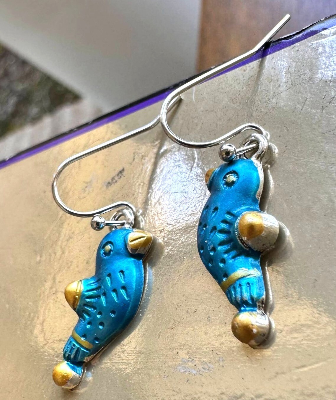 Bluebird Earrings New Painted Metal Dangle Hooks Bird Watcher Gift Birthday
