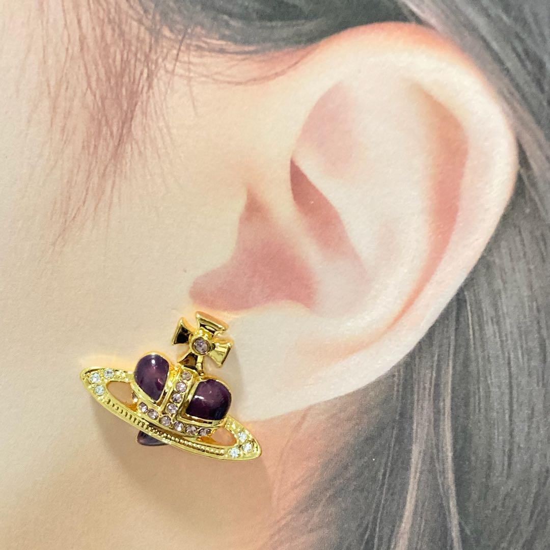 Vivienne Westwood Earrings Pierce Diamante Heart Gold Purple 2.5 cm w/drawstring