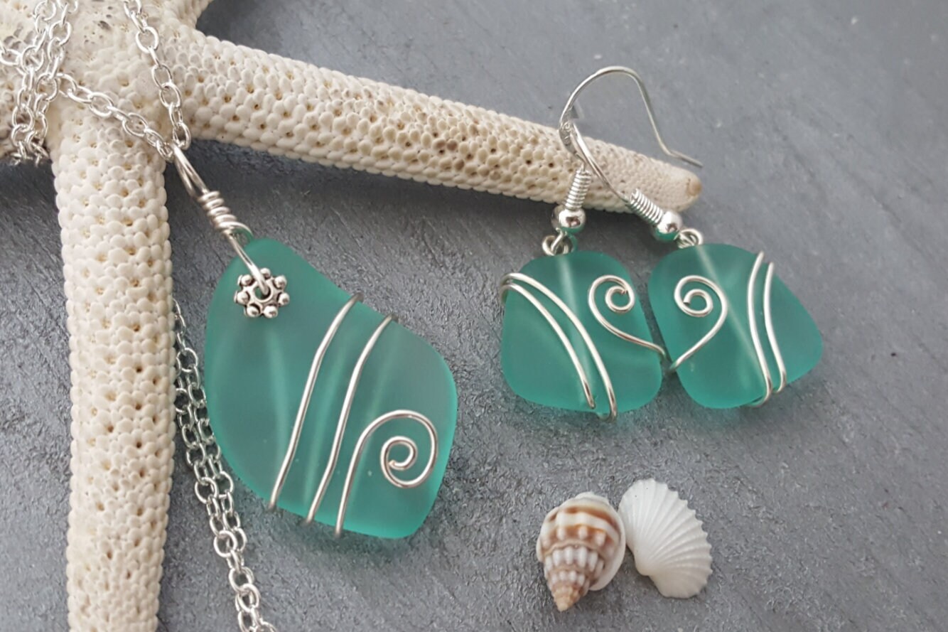 Hawaiian Jewelry Sea Glass Set, Wire Wrapped Aquamarine Necklace Earrings