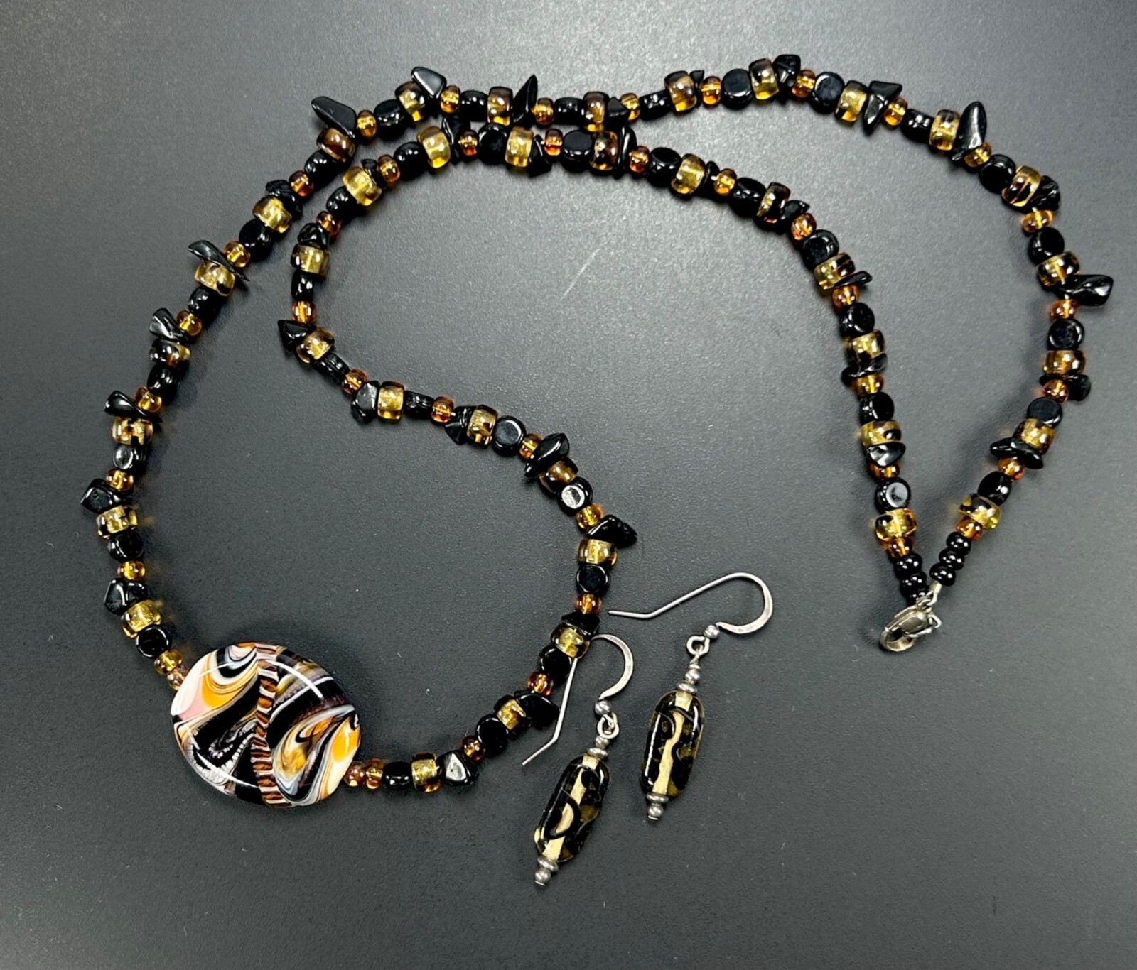 925 Glass Beaded Necklace Earrings Set Swirled Orange Amber Brown Black White