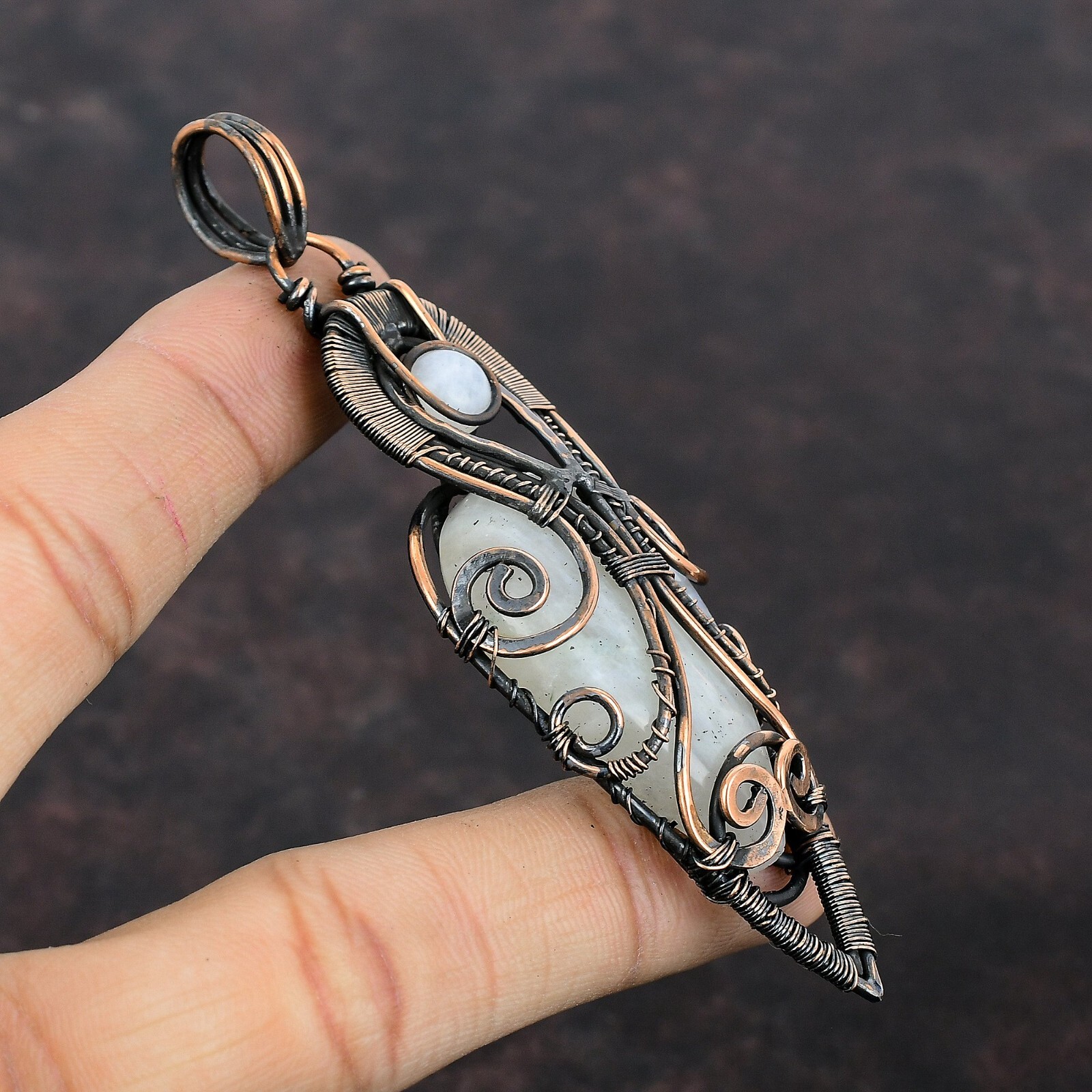 Rainbow Moonstone Wire Wrapped Pendant Handcrafted Copper Unique Gift 3.94″