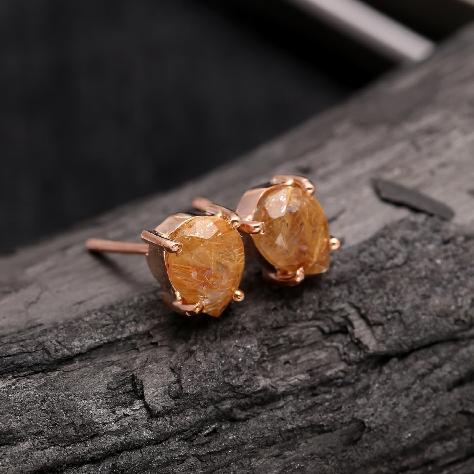 Natural Golden Rutile Pear Stud Earrings Rose Gold Filled Solid Silver Jewelry