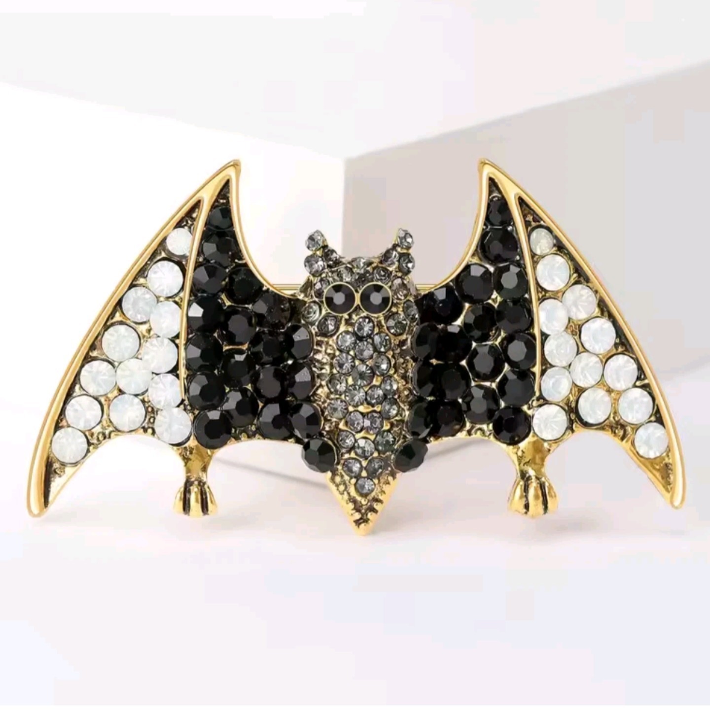 Bat Brooch Pin Gold Tone Metal Black & White Round Rhinestone Crystals