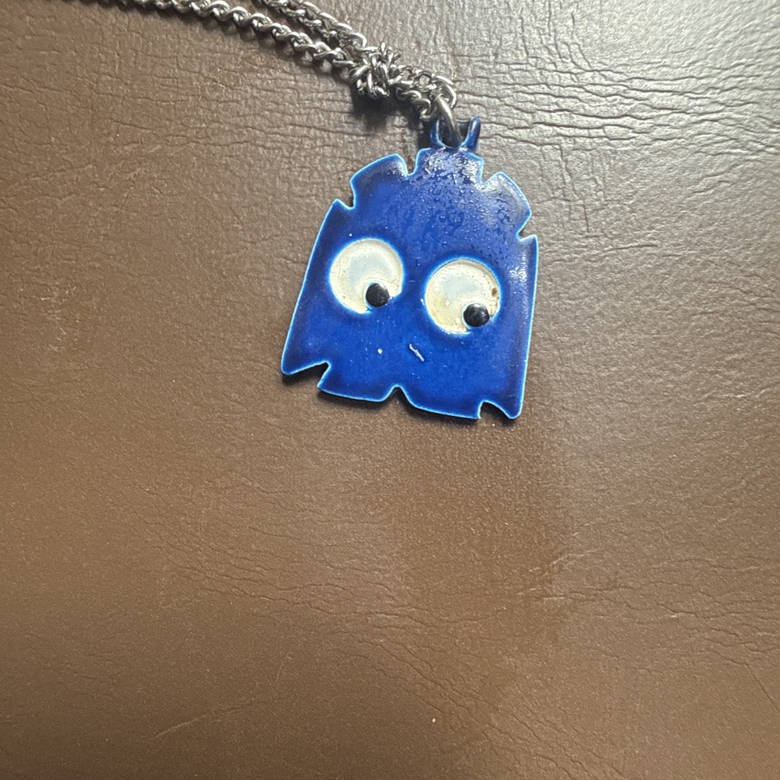 Vintage PAC Man Video Game Blue Ghost Necklace