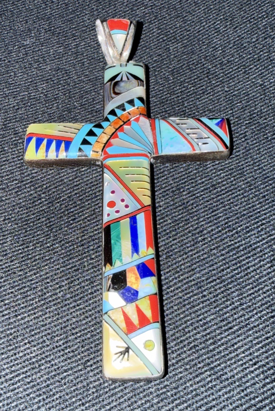 Zuni Mosaic Inlay Pendant Sterling Silver Cross 1.5” X 3” One Of A Kind Handmade
