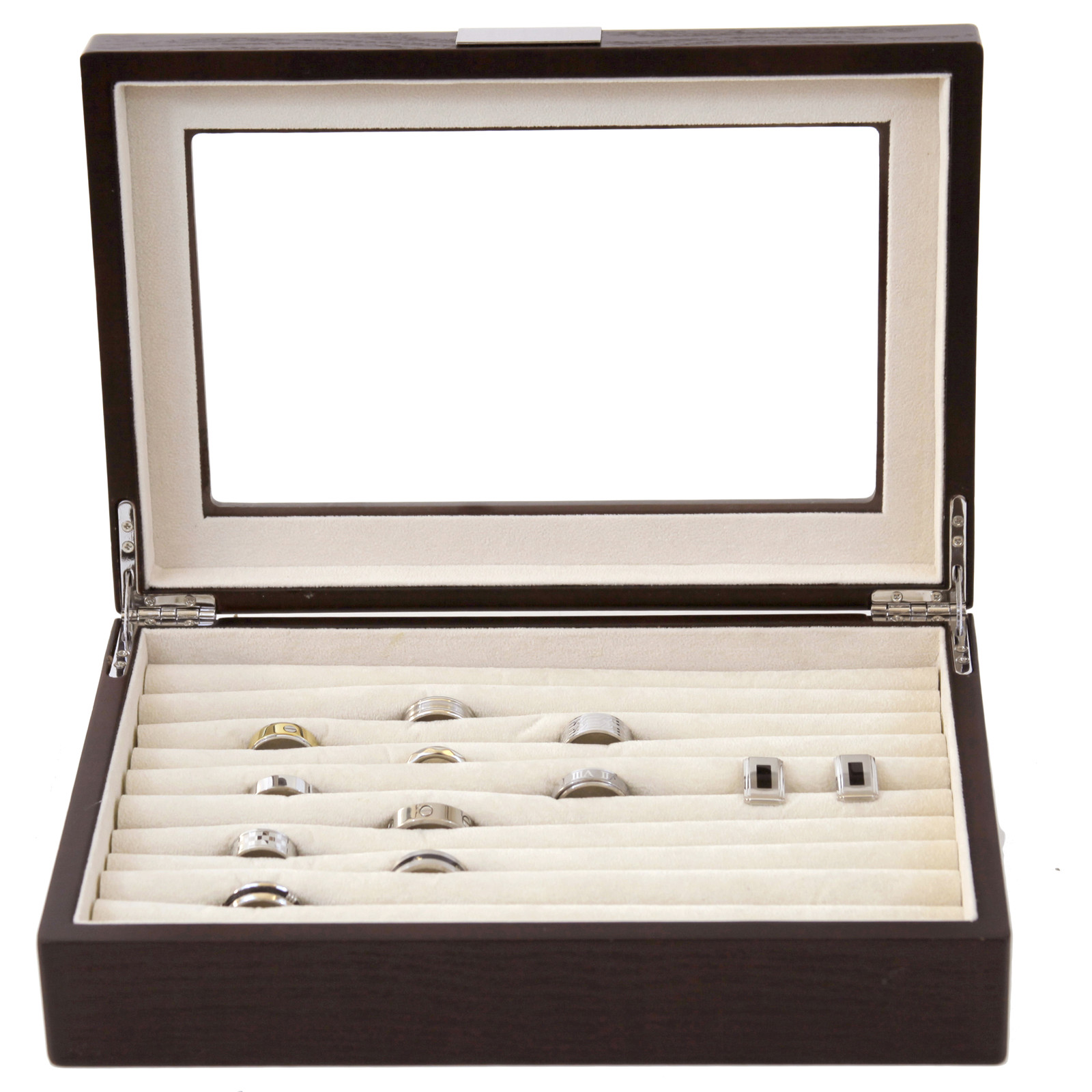 Ring Cufflink Box Storage Brown Wood Grain Finish Glass Window