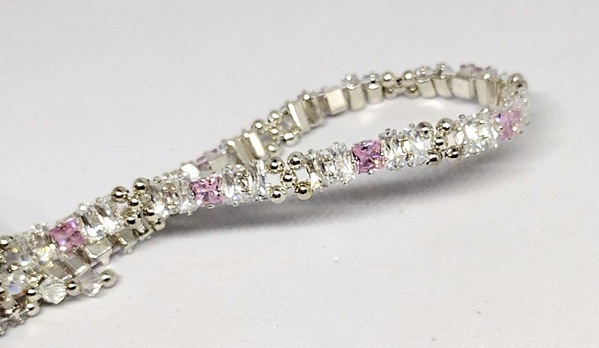 7-inch Bracelet Rectangle Stack – 2x4mm White, 3mm PINK Square Prong-Sets