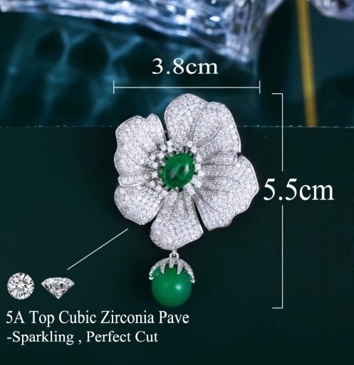 GORGEOUS BRAND NEW SILVER PLATED GENUINE CUBIC ZIRCONIA FLOWER DROP BROOCH