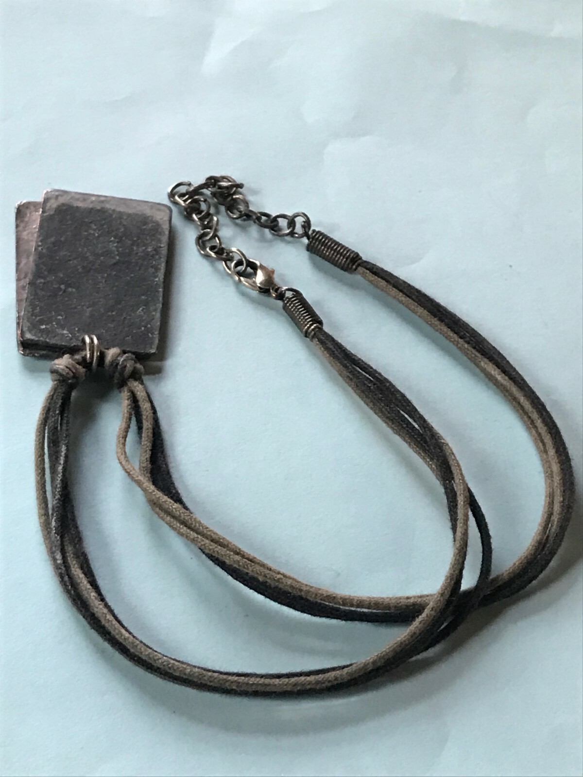 Olive Green & Black Multistrand Cord w Oxidized Silvertone Birds w Saying Rectan