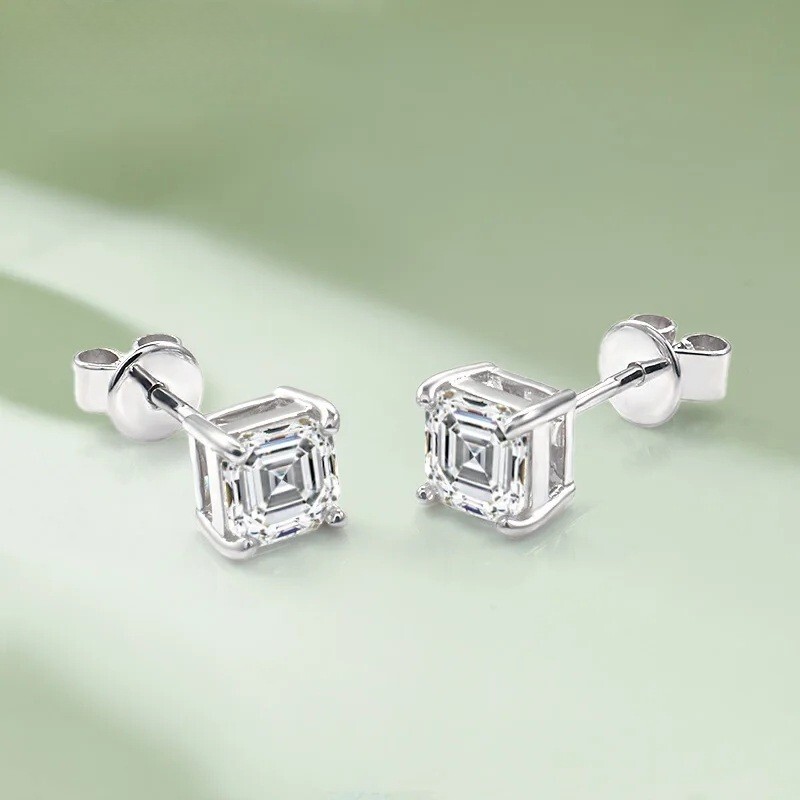 Moissanite Stud Earrings Square Asscher Cut 925 Sterling Silver 1ct 2ct GRA