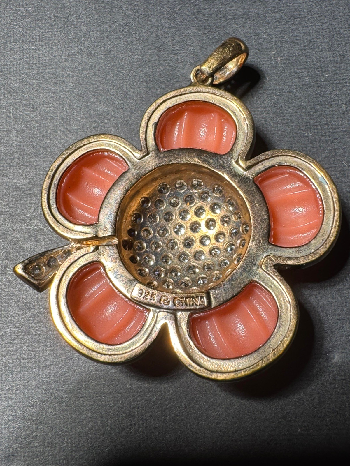 Vintage Ross Simons Sterling Silver Pink Resin Rhinestone 925 Flower Pendant