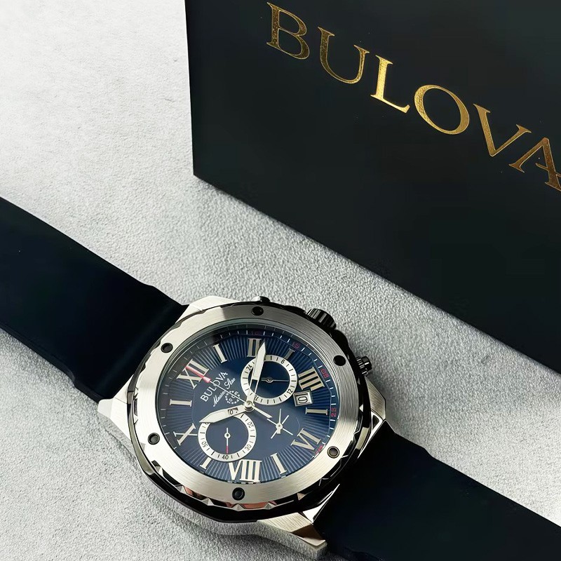 Bulova Marine Star 98B258 Blue Dial Black Rubber Strap Quartz Men’s Watch 44mm