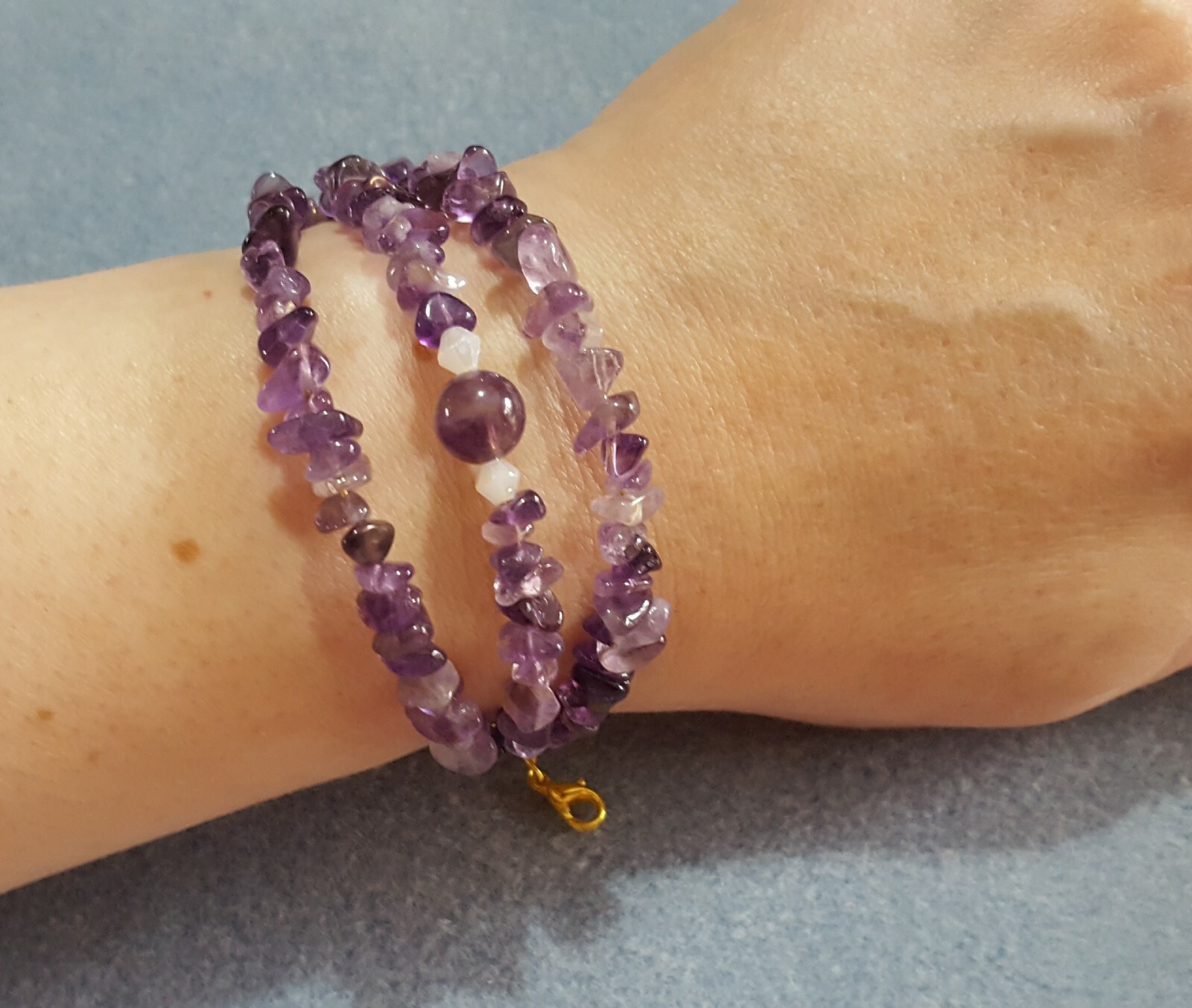 Genuine Amethyst gemstone 3 row gold plated bracelet 7-10 inches long