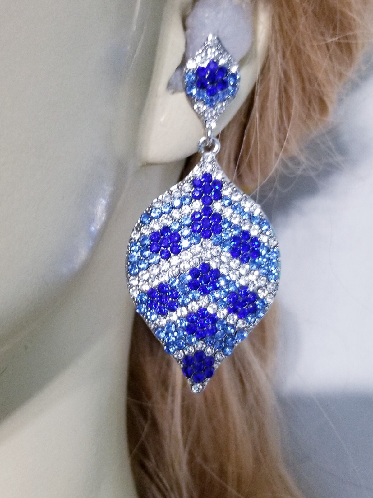 Chandelier Rhinestone Crystal Pageant Bridal Earrings Blue Drop Dangle 2.8 In