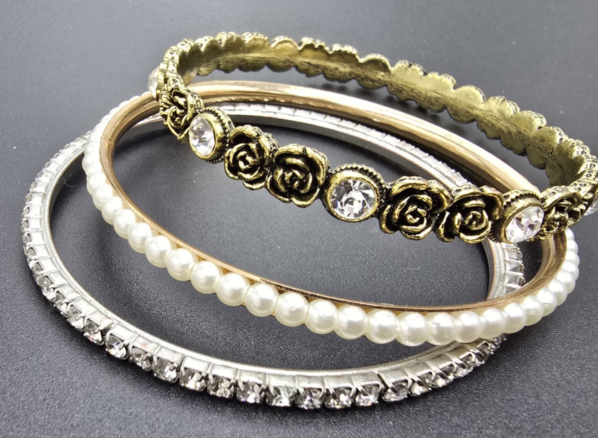 3 pc Mixed Brasstone White Bead Bracelet SET (B4) FLOWERS AND ELEGANCE