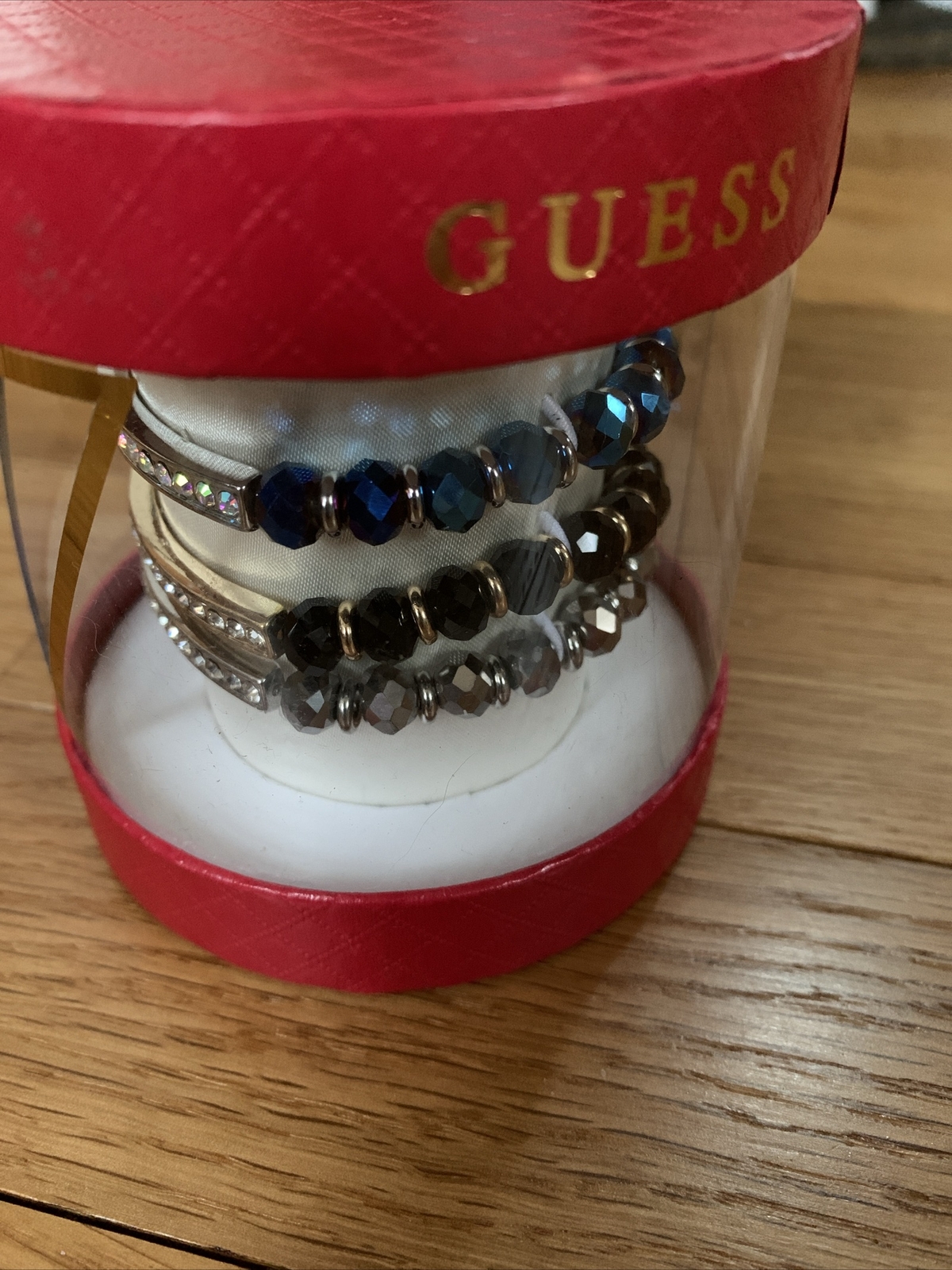 GUESS, Set Blue, Black,and Silver Beaded Pavé, Stretch Bracelets