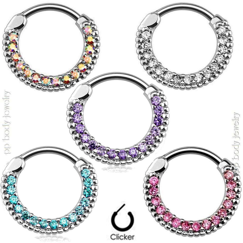 1PC. 16G (1.2mm) Round Paved Gems 316L Surgical Steel Septum Clicker