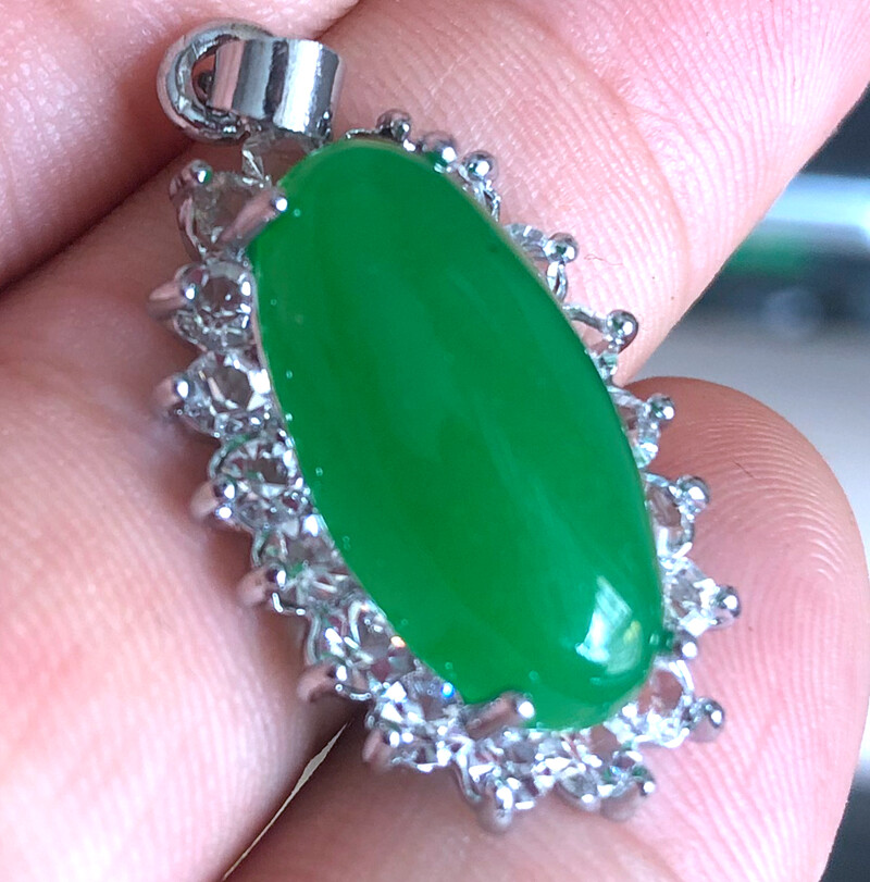 Silver Plated Natural Green Jade Water droplets shape Pattern Pendant