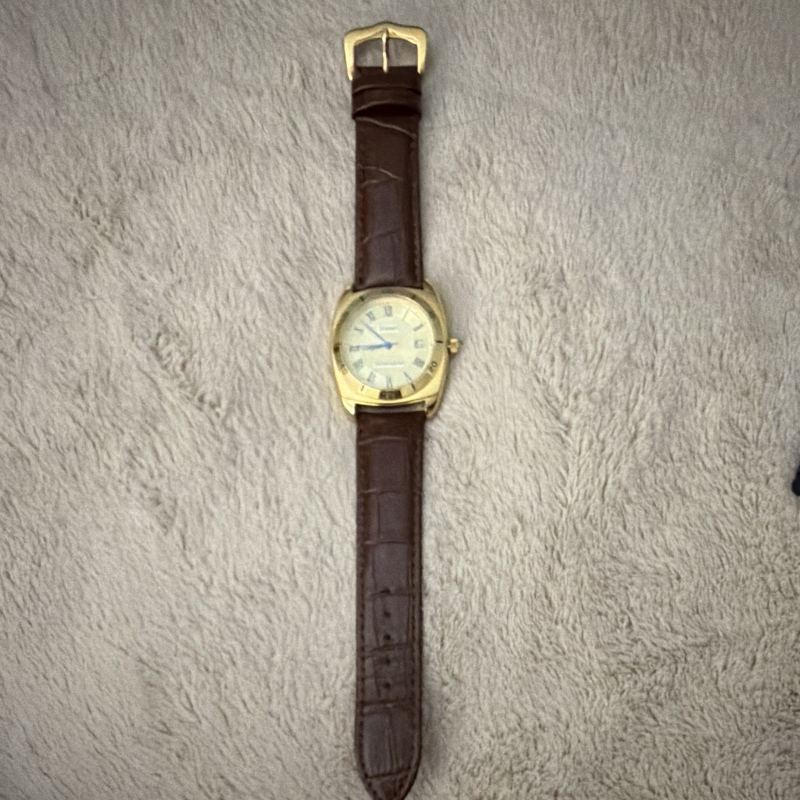 Stauer Quartz Dress Watch Date Gold Tone 34mm Brown Leather Strap Roman Box