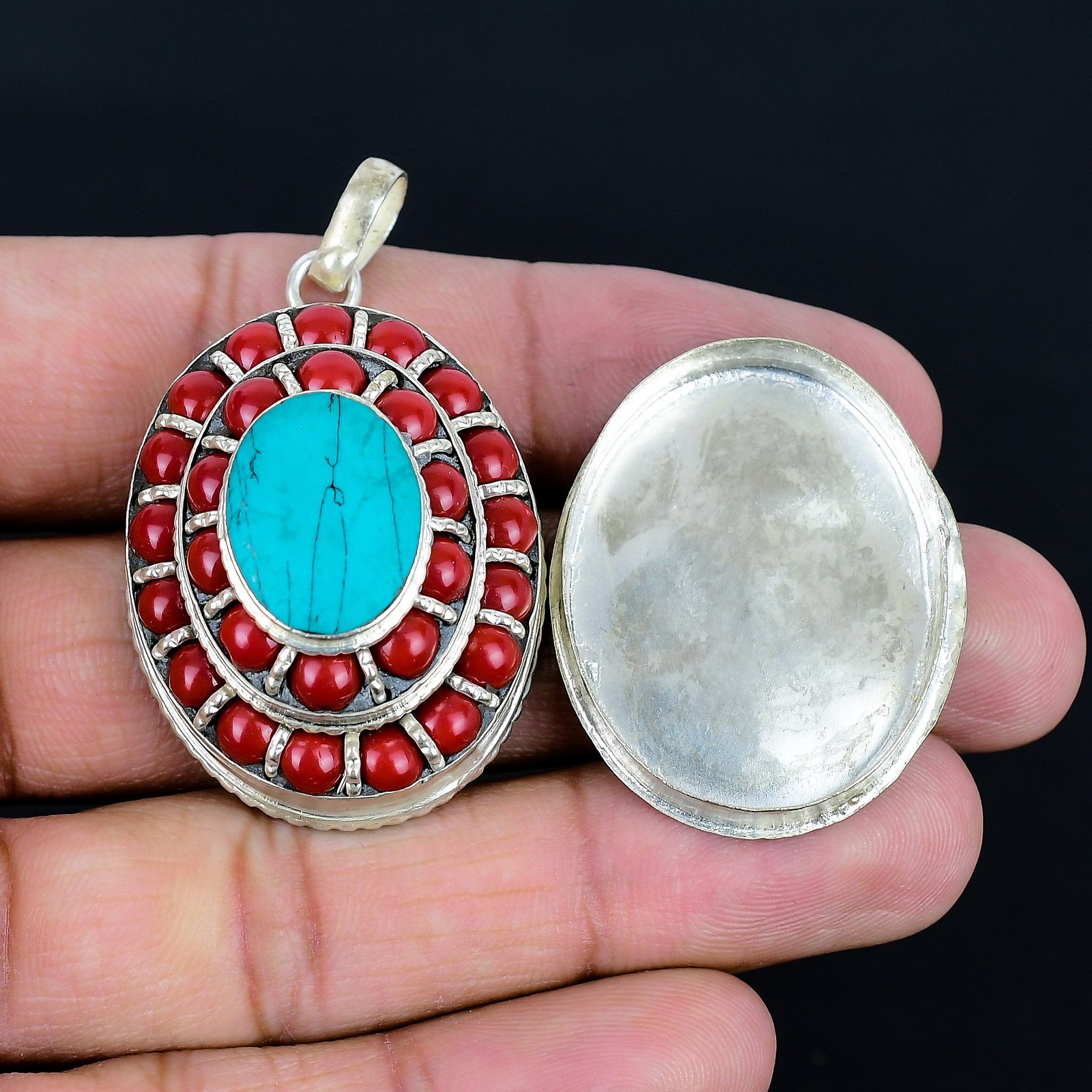 Turquoise Coral Handmade 925 Sterling Silver Tibetan Nepali Box Pendant 2.1″ N30