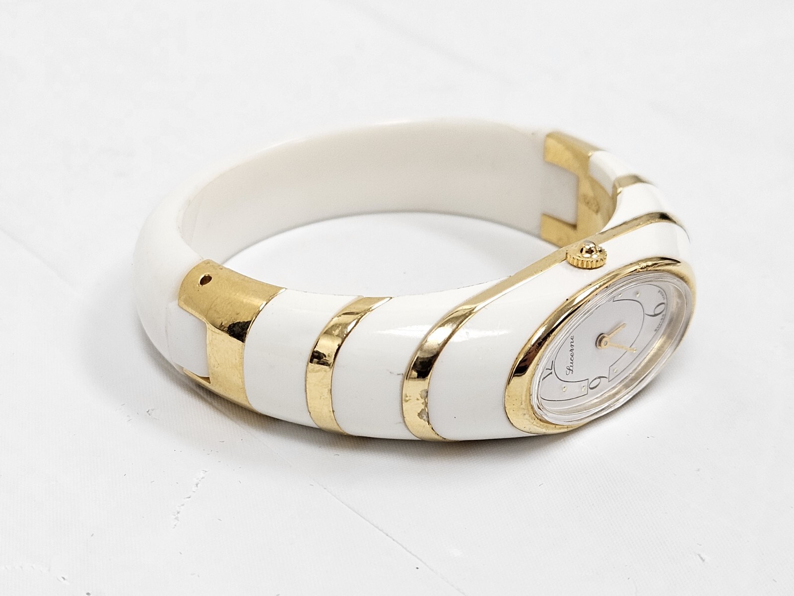 Vintage Lucerne Swiss Mechanical Bangle Watch Gold Tone & White Womens Modern