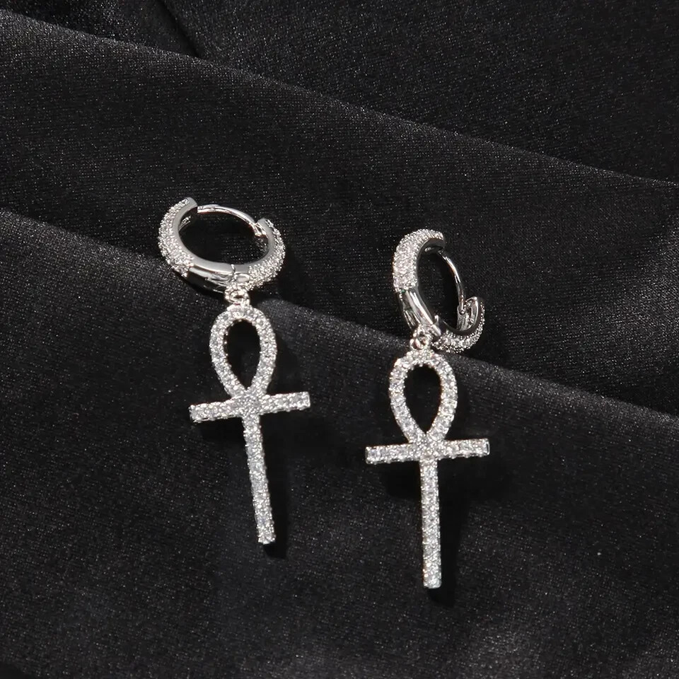 1 Ct Round Cut Natural Moissanite Ankh Cross Dangle Earrings 925 Sterling Silver