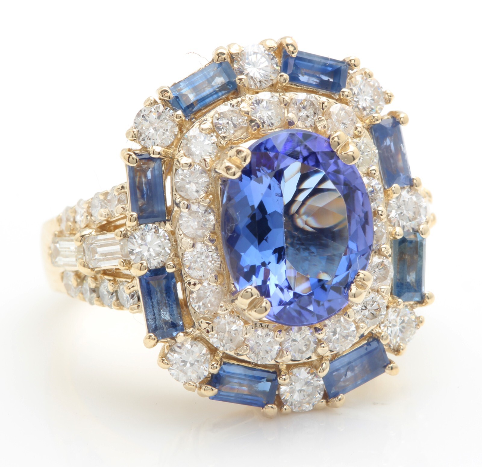 6.80 Carat Natural Blue Tanzanite and Diamonds in 14K Solid Yellow Gold Ring