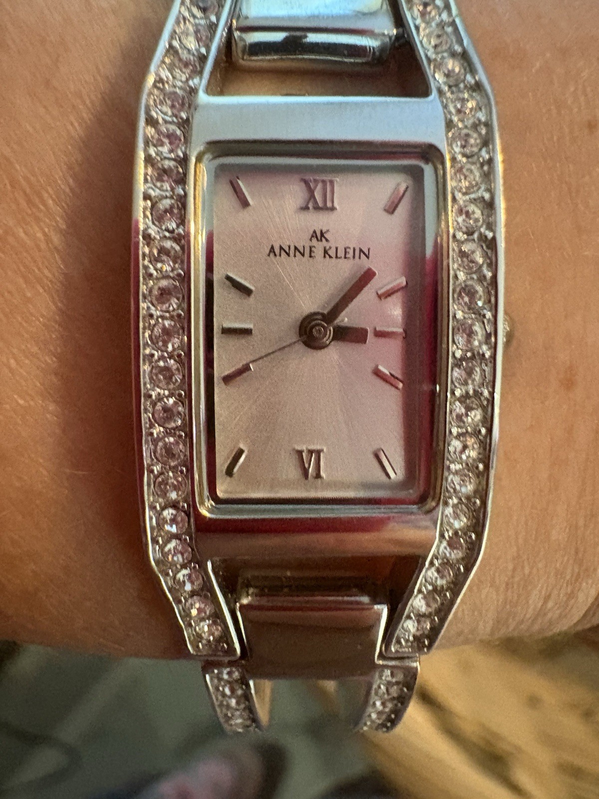 Vintage Anne Klein Ladies Silvery Watch Bangle Bracelet Rhinestones Sparkle