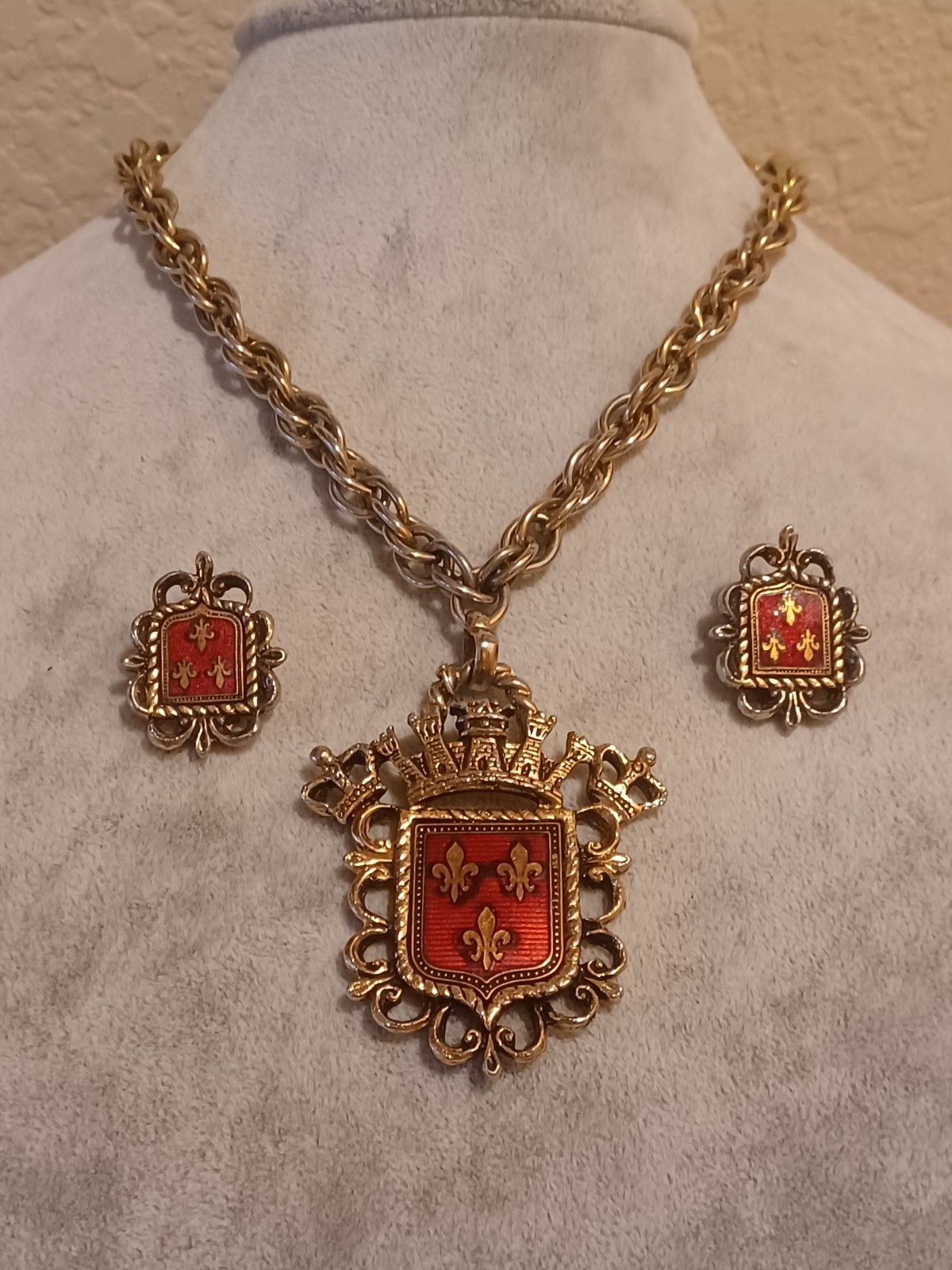 Vintage Fleur-De-Lis Necklace Earrings Medallion Coat of Arms Eagle Crown