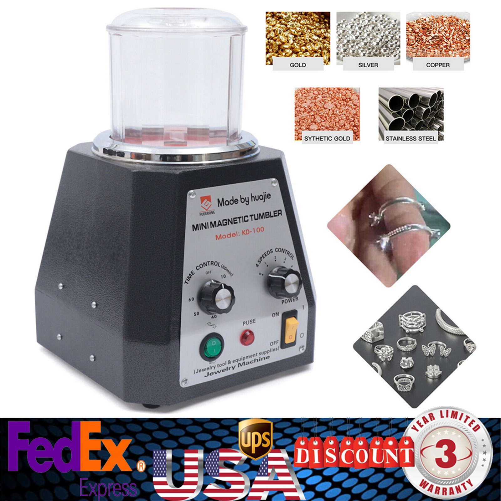 Mini Magnetic Tumbler 100mm Jewelry Polisher Finisher Machine Time Control USA~