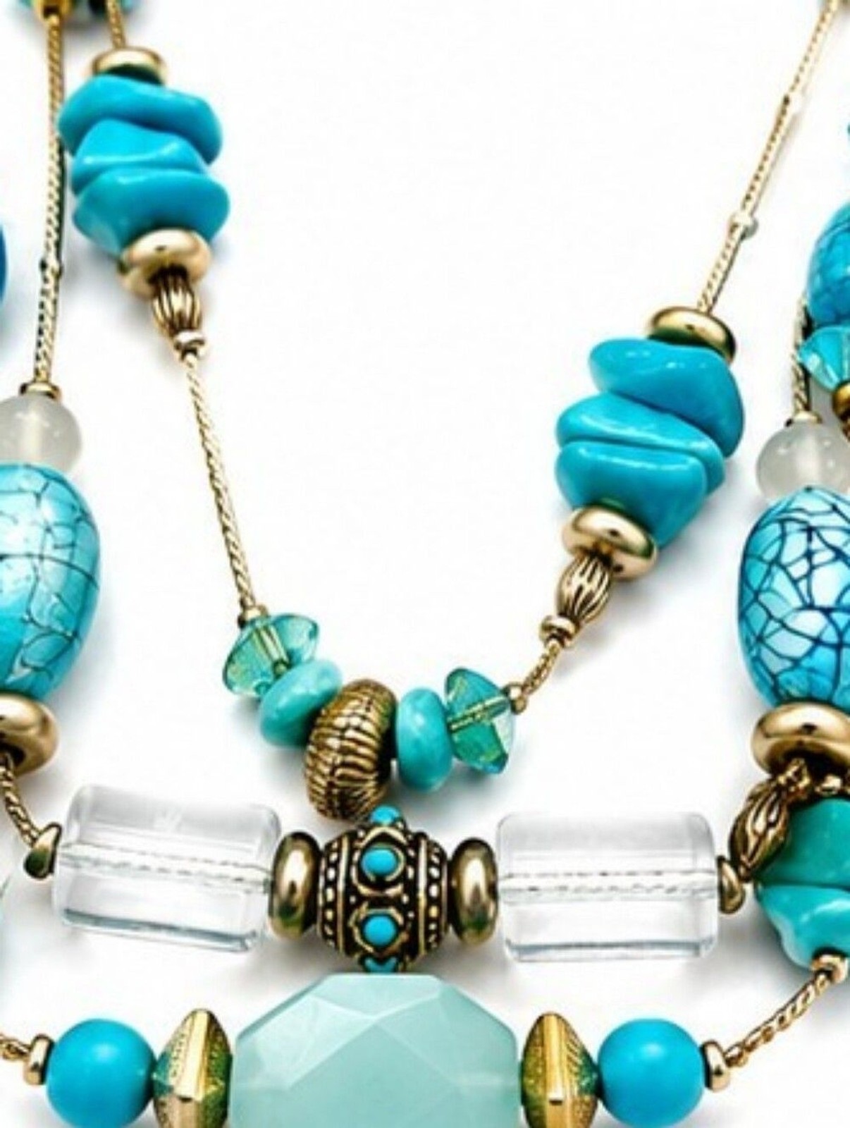 Chico’s Turquoise Layered Statement Necklace Boho Southwestern Gold Tone
