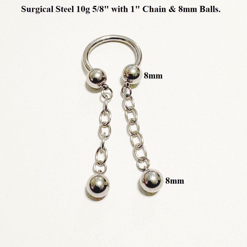 8, 10 & 12mm Balls n Chain PA Horseshoe Surgical Steel 10g 5/8″ Diameter.