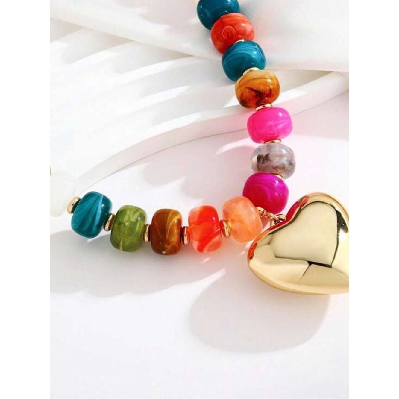 Multi-Color Bead Necklace with Gold Heart Pendant