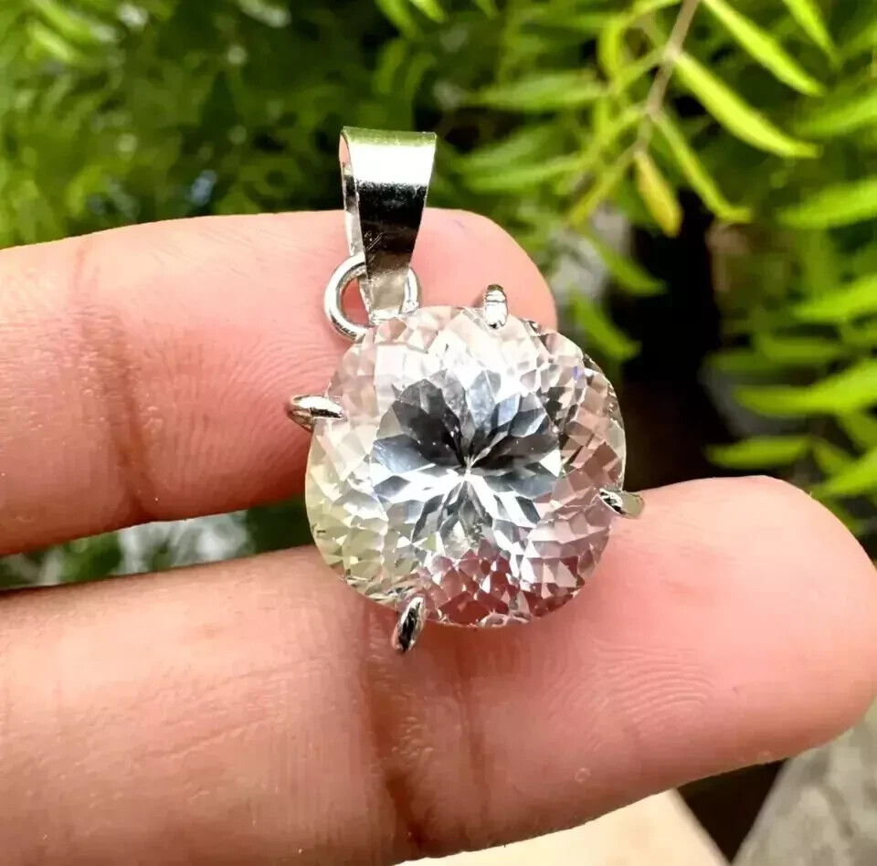 25.14 Ct Natural White Sapphire Round Cut Certified 925 Sterling Silver Pendant