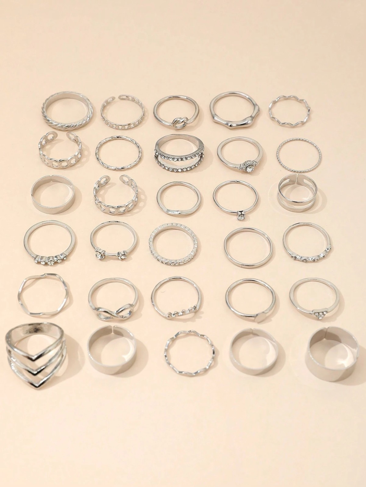 30Pcs Silver Ring Set Women Boho Knuckle Midi Stacking Rings Rhinestone Jewelry