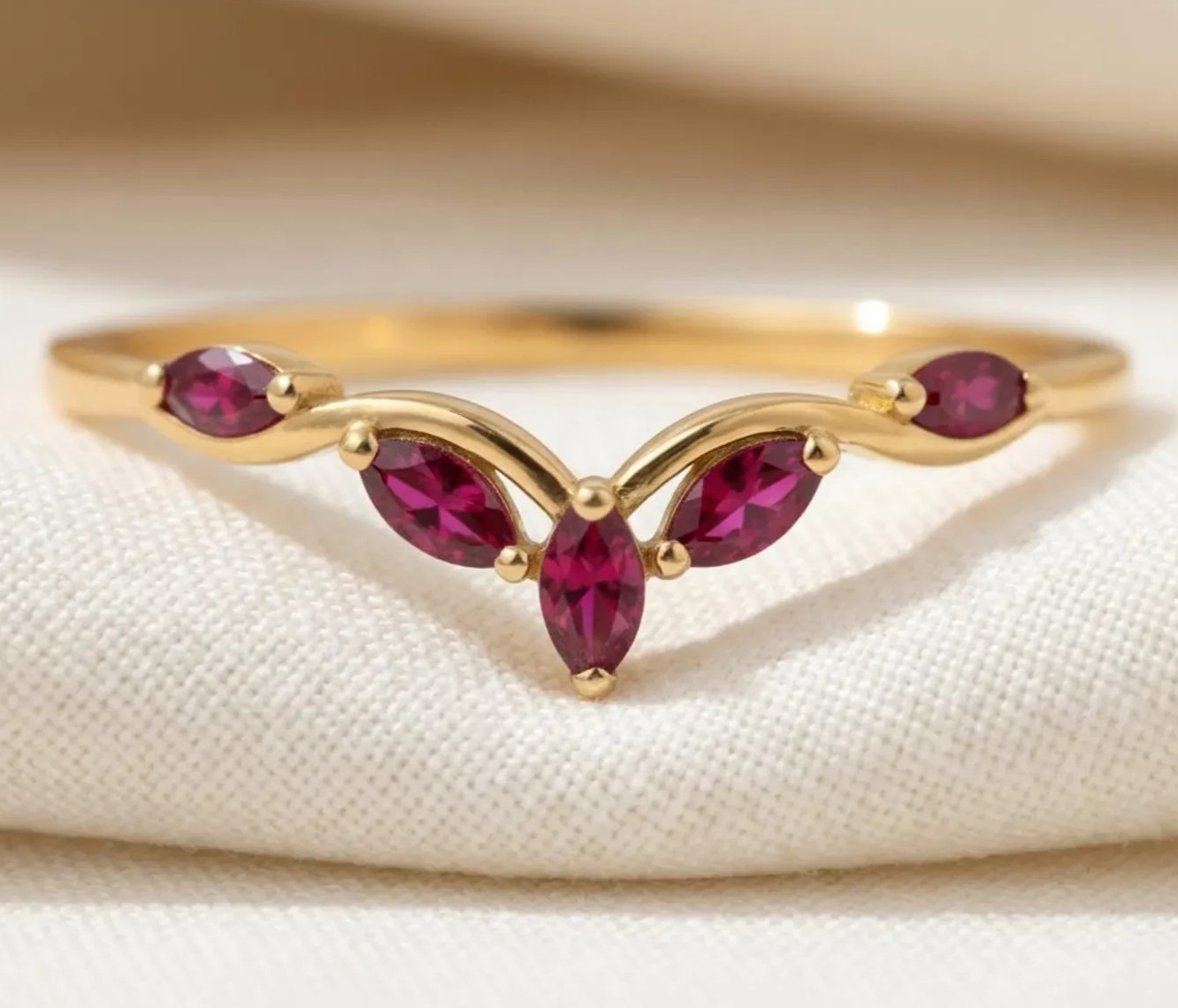 Lab Created Ruby Cluster Band V-Shaped Ring 925 Sterling Silver Gold Plated Ring