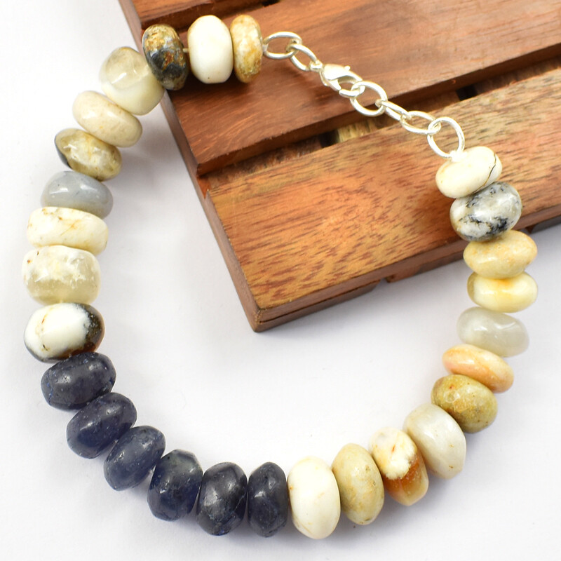 190.00 Cts Natural 7″ Long Dendrite Opal & Iolite Round Beads Bracelet NK 04E160