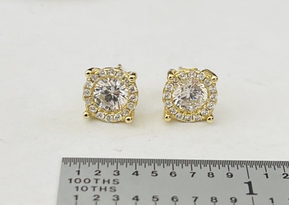 Fuzion Creations FZN Sterling Silver Yellow Gold Halo CZ Stud Earrings