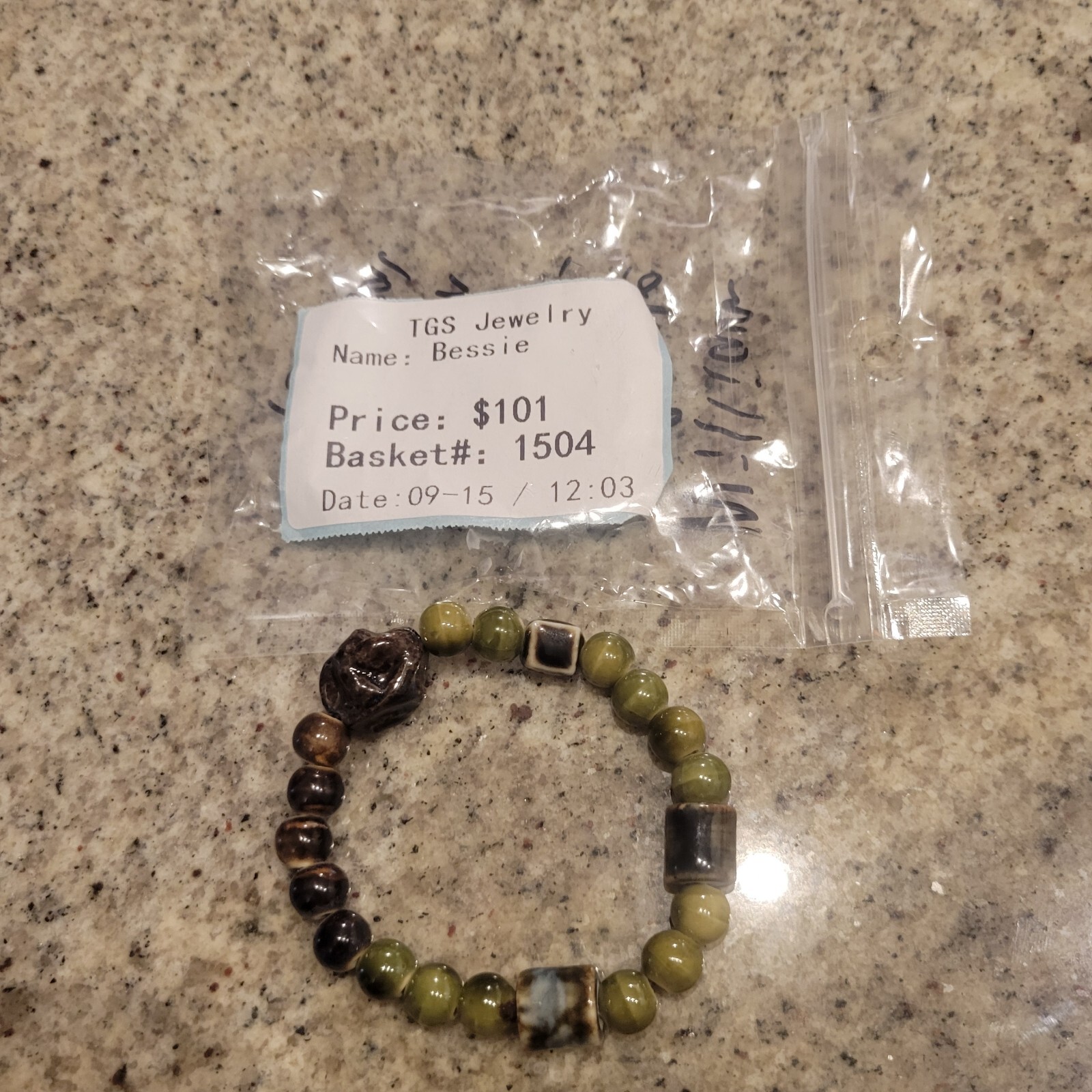 TGS Jewelry Bessie Beaded Bracelet Green Brown Stone Handmade India