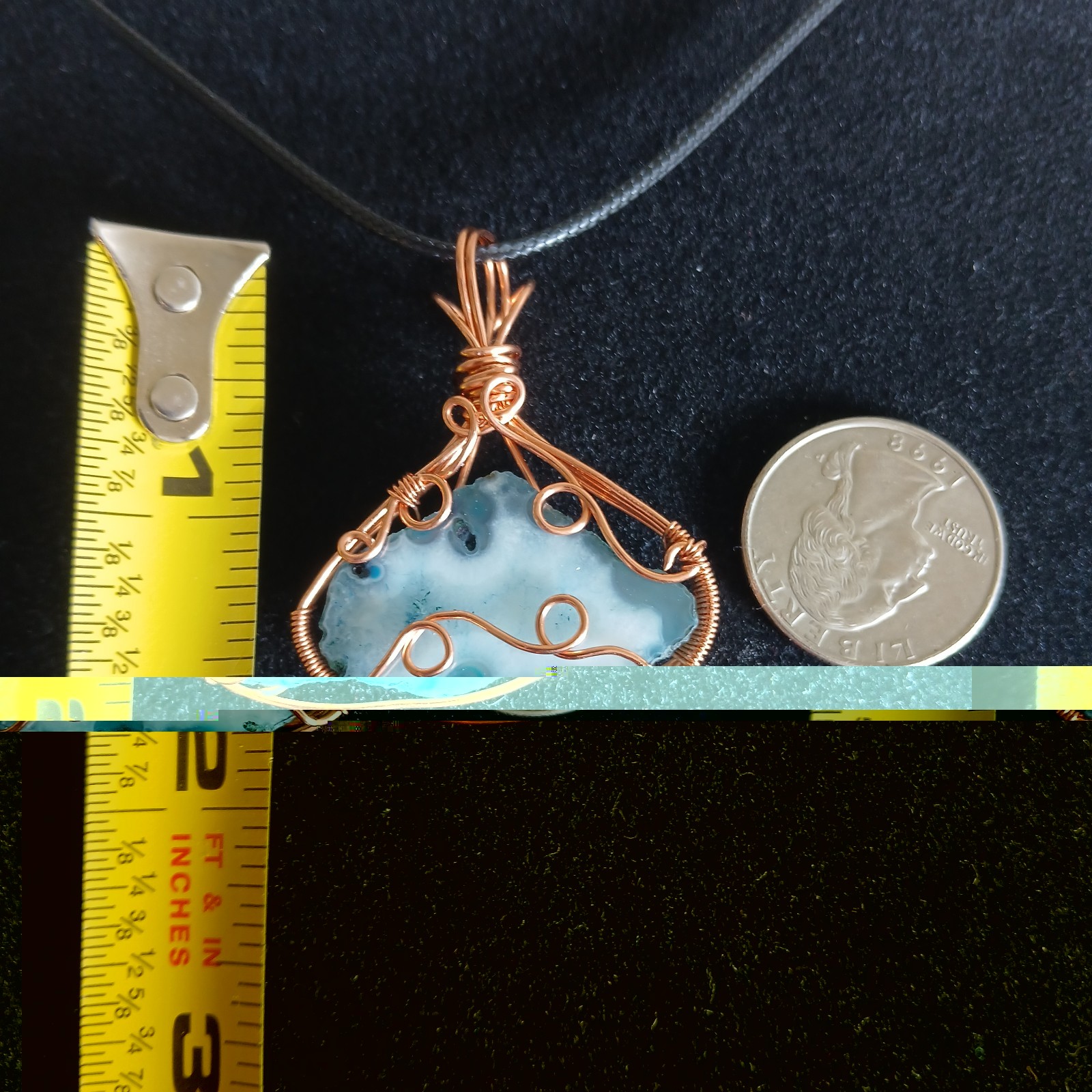 Copper wire wrapped teal blue agate slice pendant with black cord necklace…