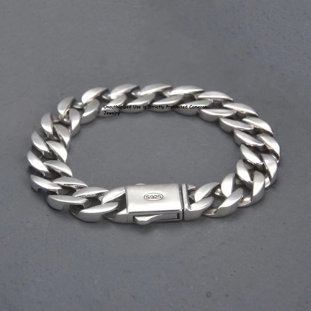 Pure S925 Sterling Silver Chain 13mm Cuban Curb Link Bracelet 7.1-8.7inch
