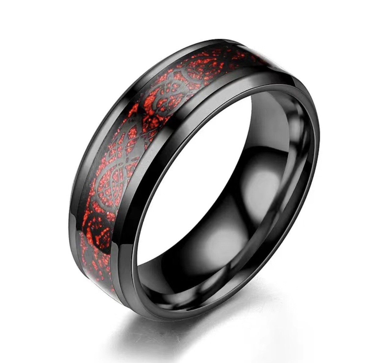 Mens Vintage Steel Dragon Patch Striped Ring Red/Black Size 10