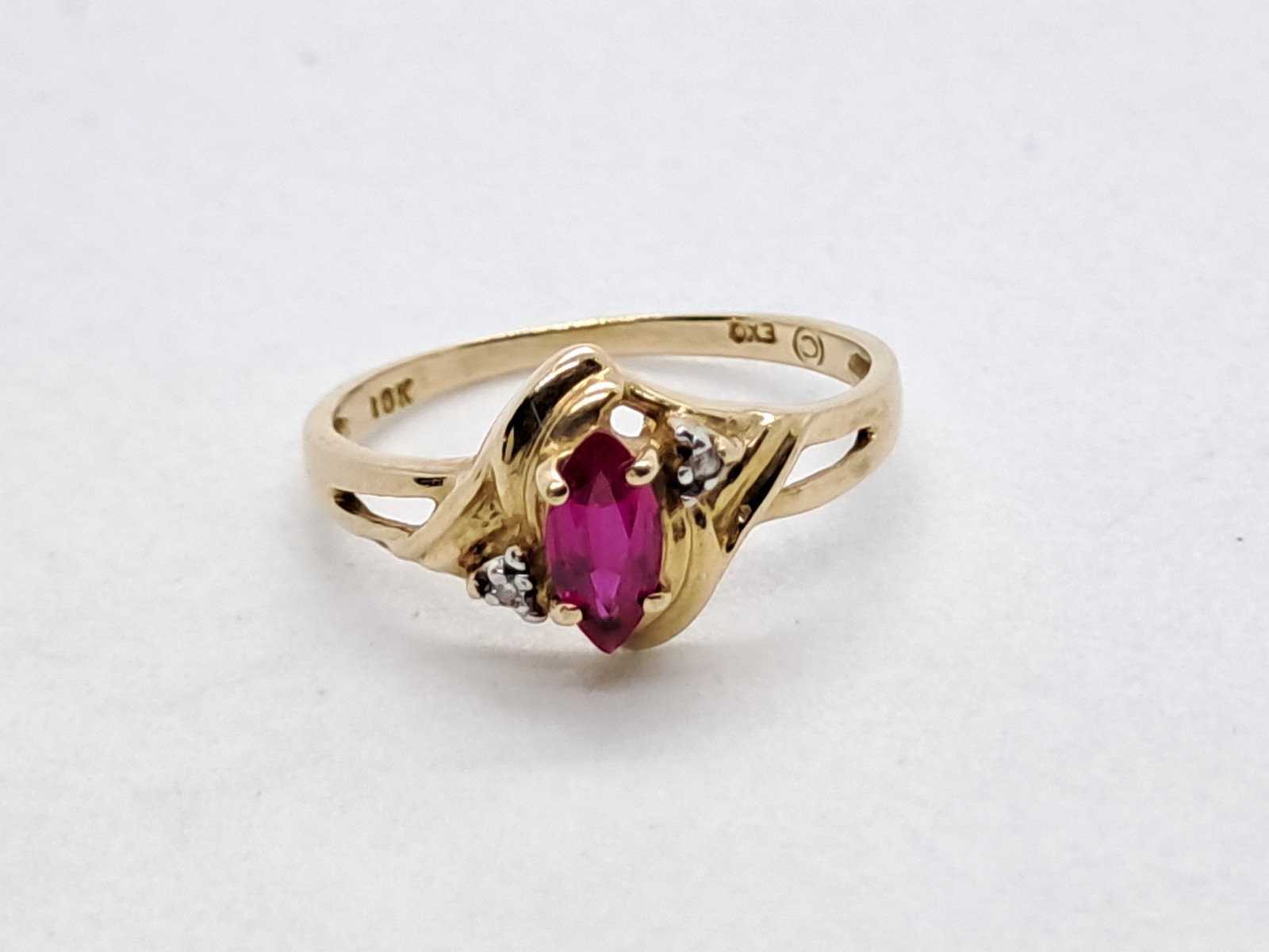 Dainty Victorian Style Marquise Ruby Ring 10K Solid Yellow Gold Natural Diamonds