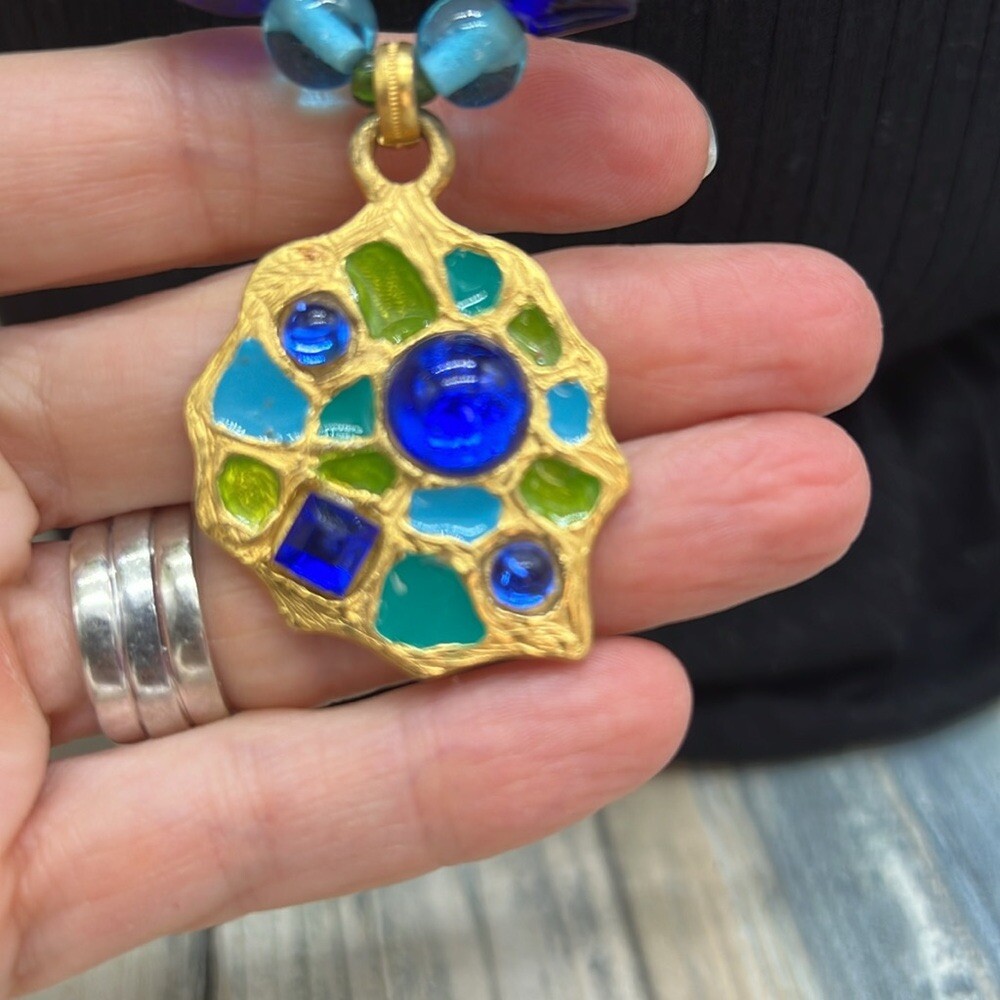 Vintage 90’s QVC Robert Rose signed blue bead long boho style pendant necklace